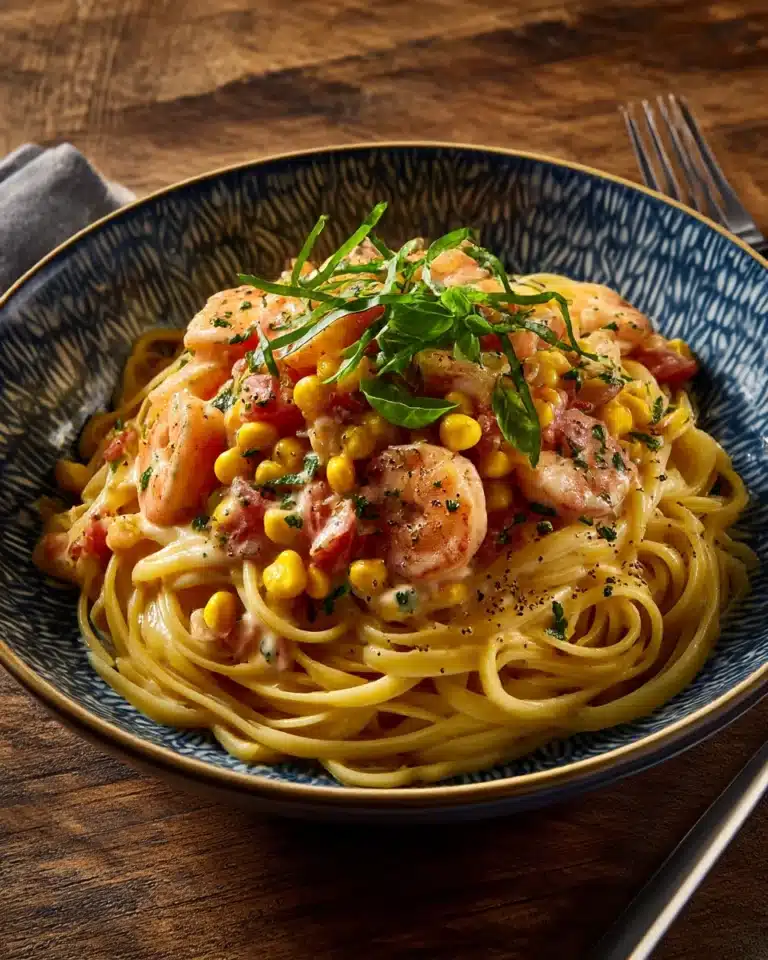 Creamy Shrimp Pasta with Corn and Tomatoes Recipe