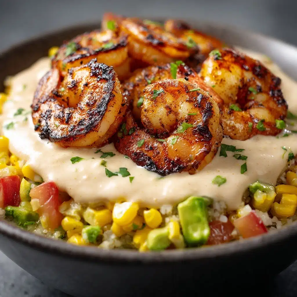 Grilled Shrimp Bowl with Avocado, Corn Salsa & Creamy Garlic Sauce Recipe - Recipe Image