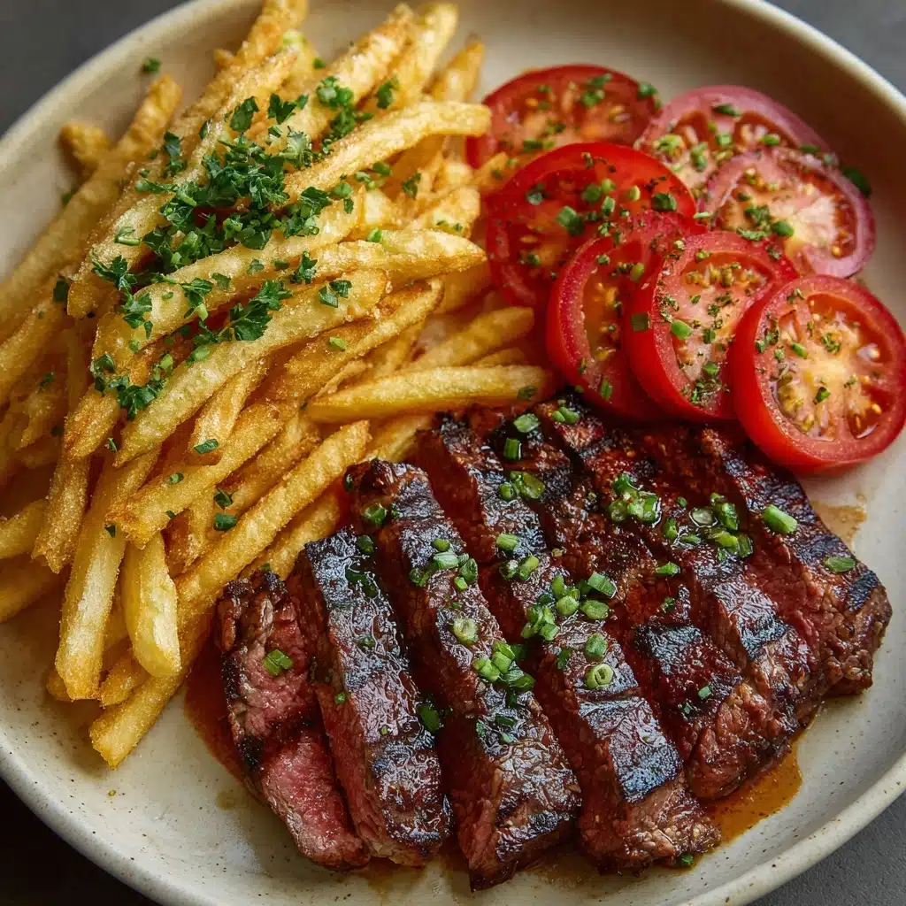 Grilled Steak with Tomato Salad and French Fries Recipe - Recipe Image