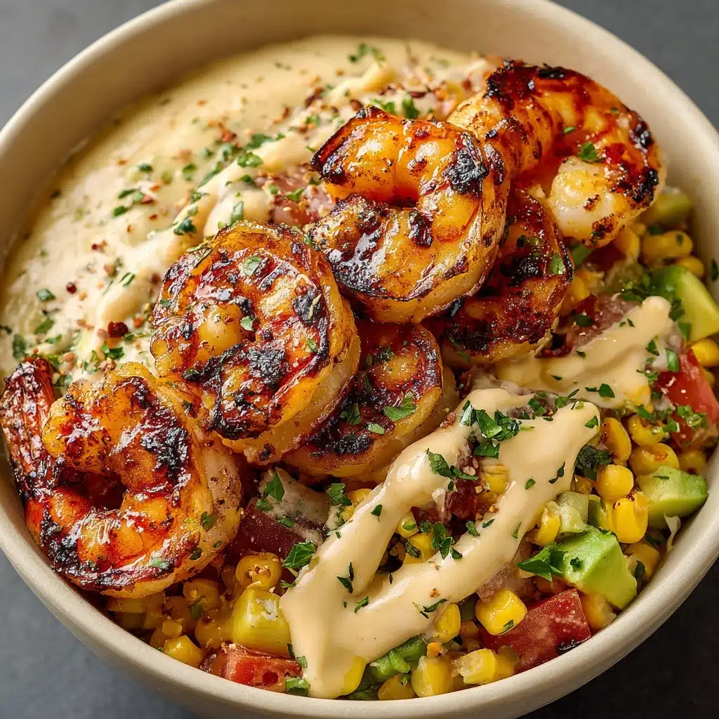 Grilled Shrimp Bowl with Avocado, Corn Salsa & Creamy Garlic Sauce Recipe