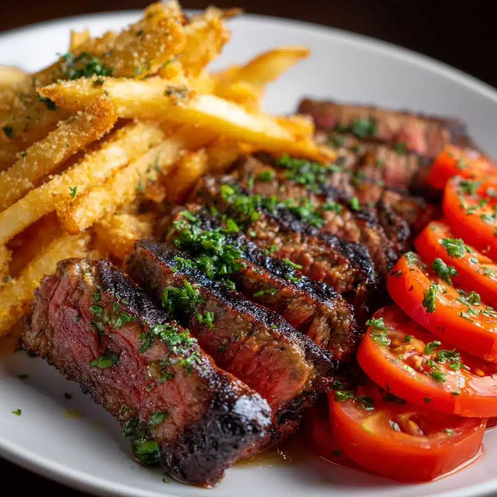 Grilled Steak with Tomato Salad and French Fries Recipe - Recipe Image