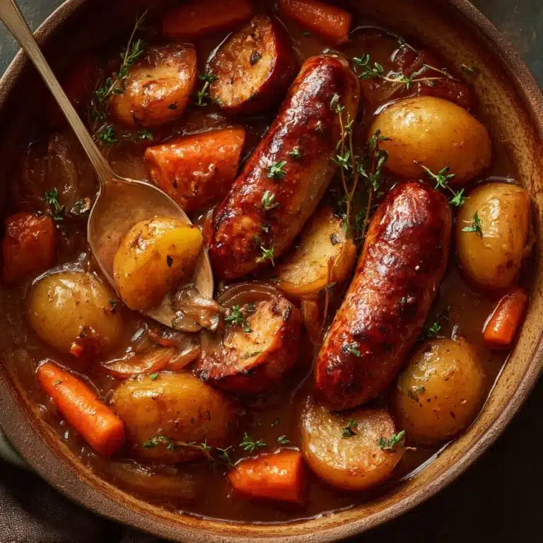 Oven Baked Sausages with Potatoes, Vegetables and Gravy Recipe
