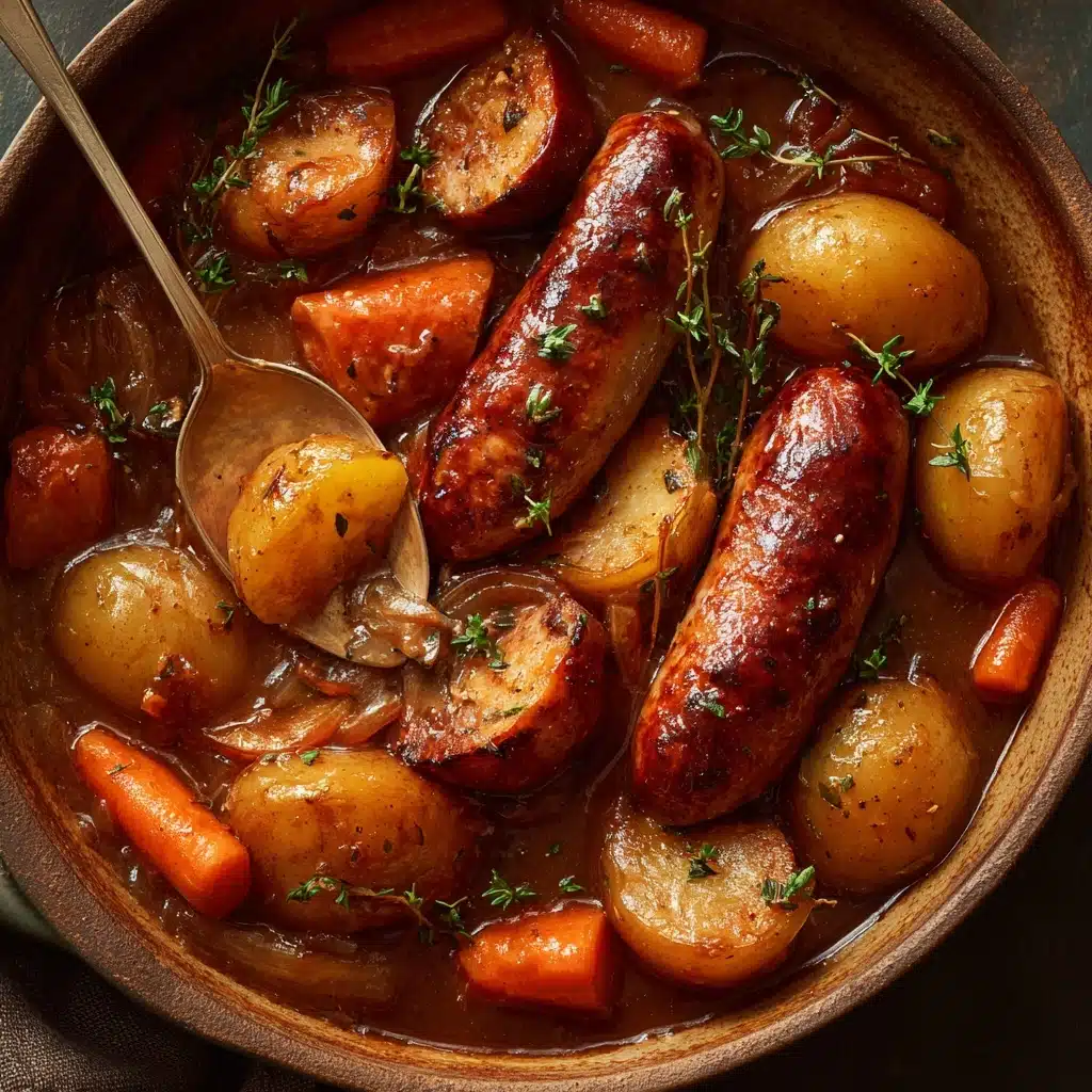 Oven Baked Sausages with Potatoes, Vegetables and Gravy Recipe