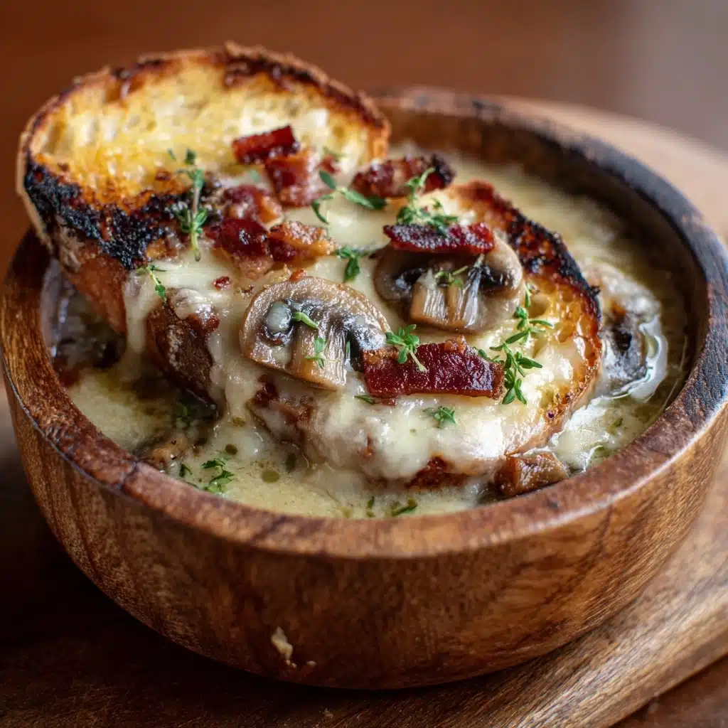 Mushroom & Caramelized Onion Soup with Cheesy Toasties Recipe - Recipe Image