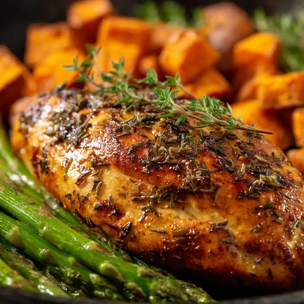 Garlic Herb Chicken with Roasted Sweet Potato & Asparagus Recipe - Recipe Image