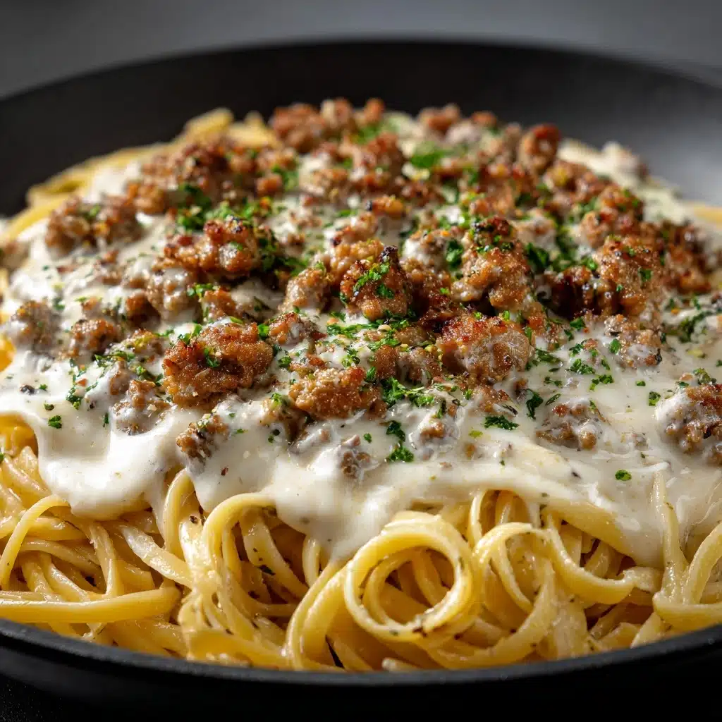 Cheesy Garlic Butter Linguine with Savory Ground Beef Recipe - Recipe Image
