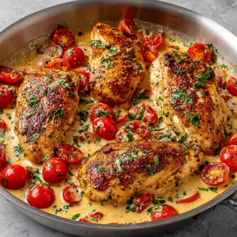 Creamy Pesto Chicken with Roasted Tomatoes Recipe
