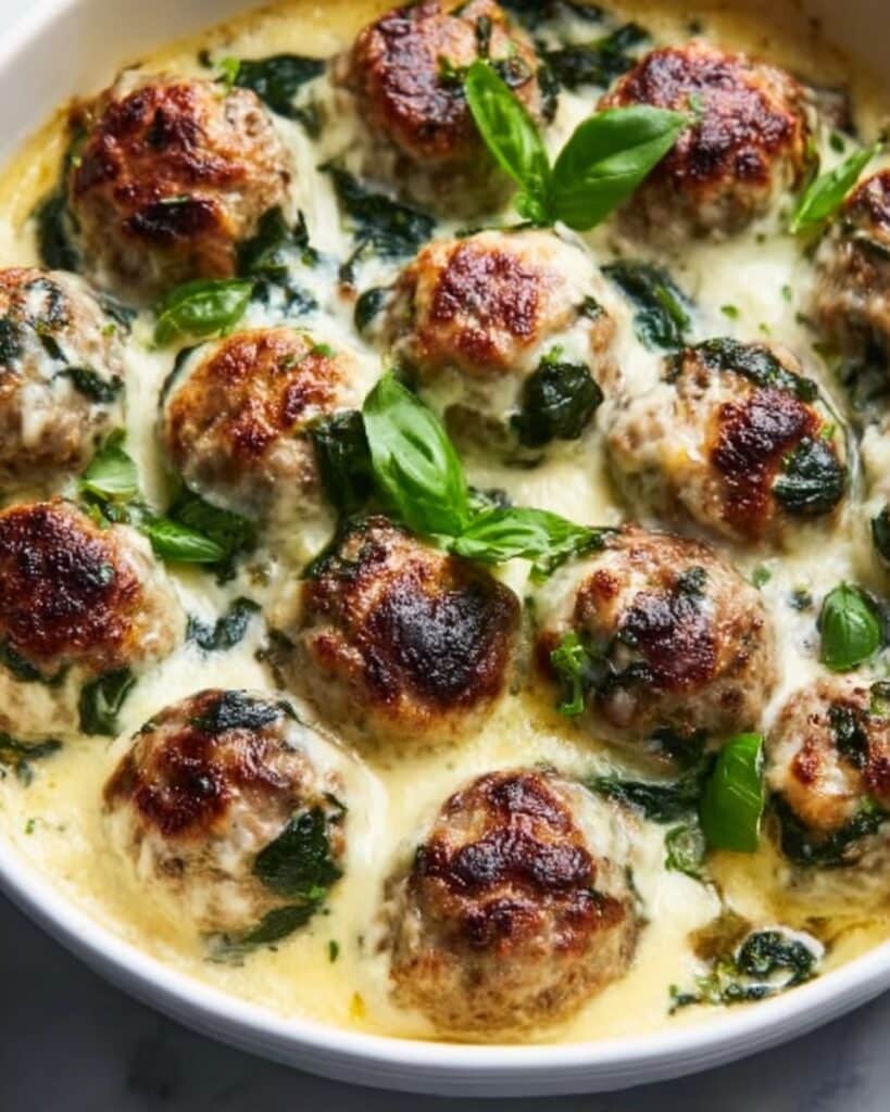 Southern Style Baked Chicken Ricotta Meatballs with Spinach Alfredo Sauce Recipe