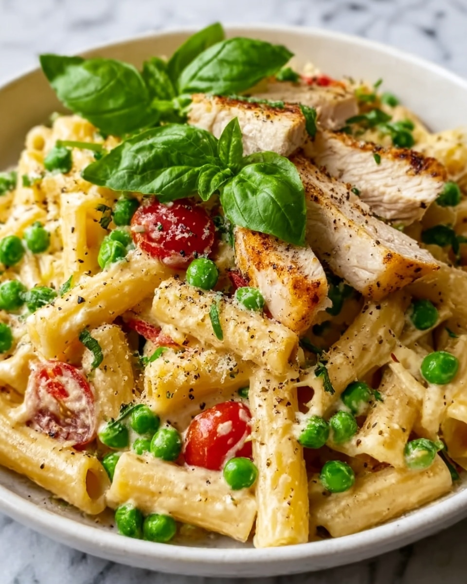 Creamy Chicken and Pea Carbonara Pasta Recipe - Recipe Image