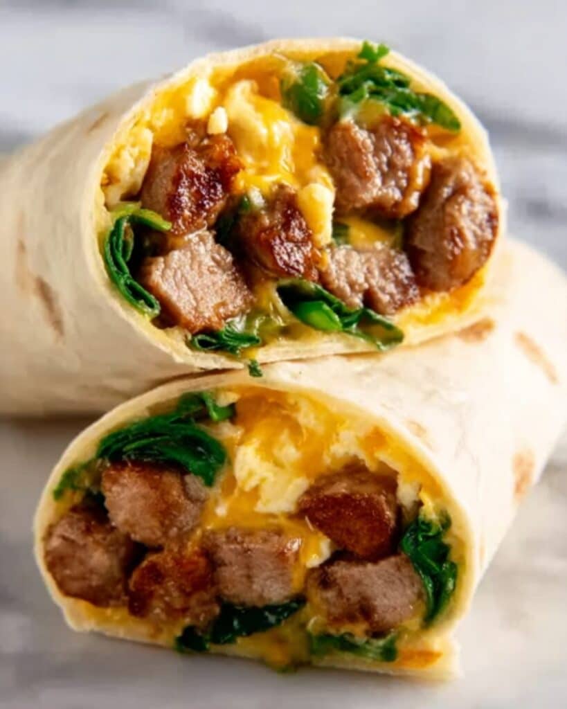 Cheesy Hash Brown Breakfast Burritos with Sausage and Spinach Recipe