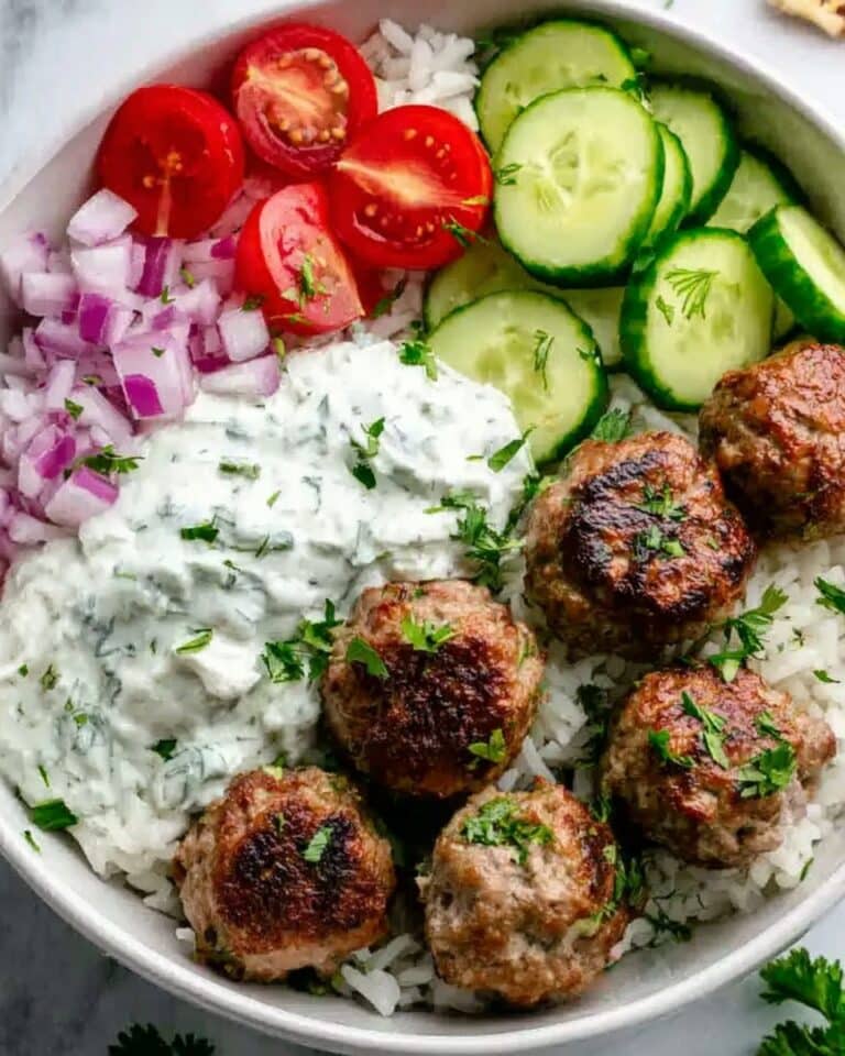 Greek Meatball Bowl with Tzatziki, Rice & Fresh Veggies Recipe