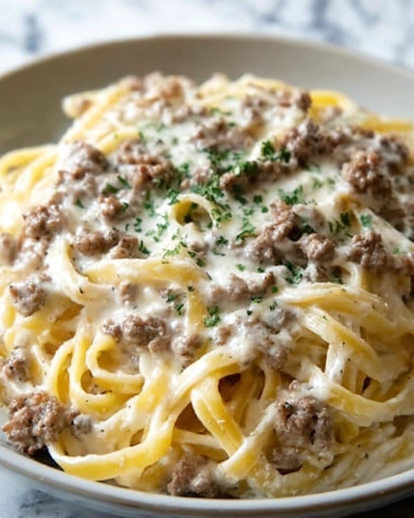 Cheesy Garlic Butter Linguine with Savory Ground Beef Recipe