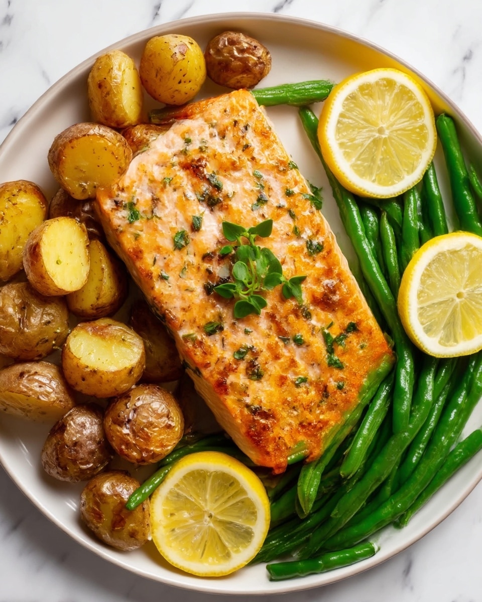 Easy Lemon Honey Salmon with Roasted Potatoes and Green Beans Recipe - Recipe Image