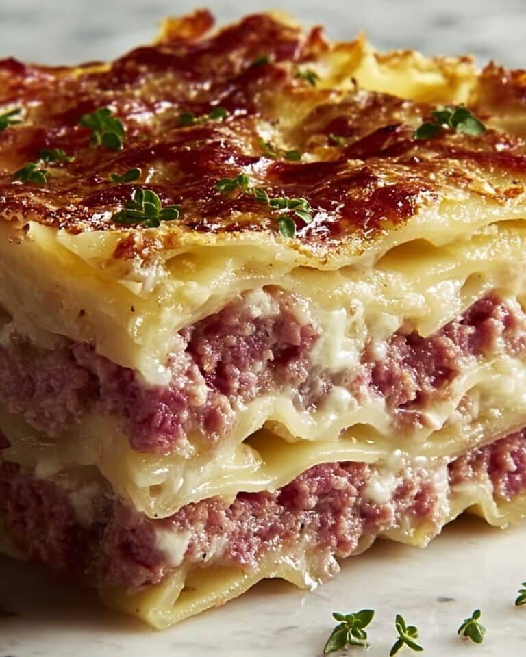 Reuben Bake with Layers of Corned Beef, Sauerkraut, and Swiss Cheese Recipe