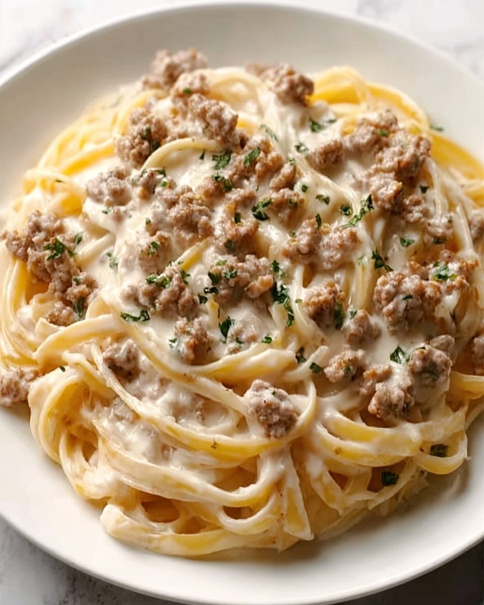 Cheesy Garlic Butter Linguine with Savory Ground Beef Recipe - Recipe Image