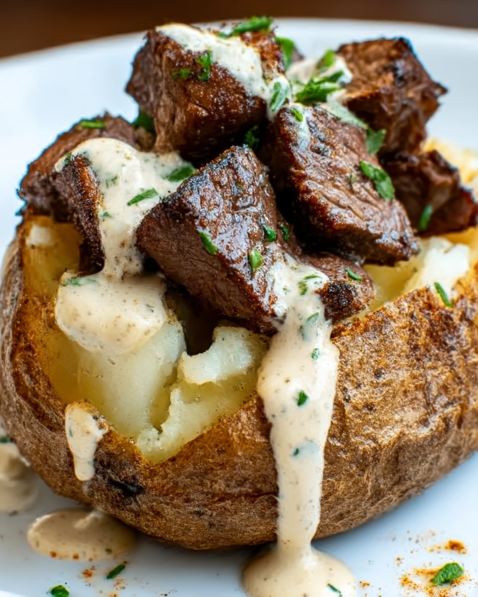 Loaded Baked Potato with Steak Bites and Parmesan Cream Sauce Recipe - Recipe Image