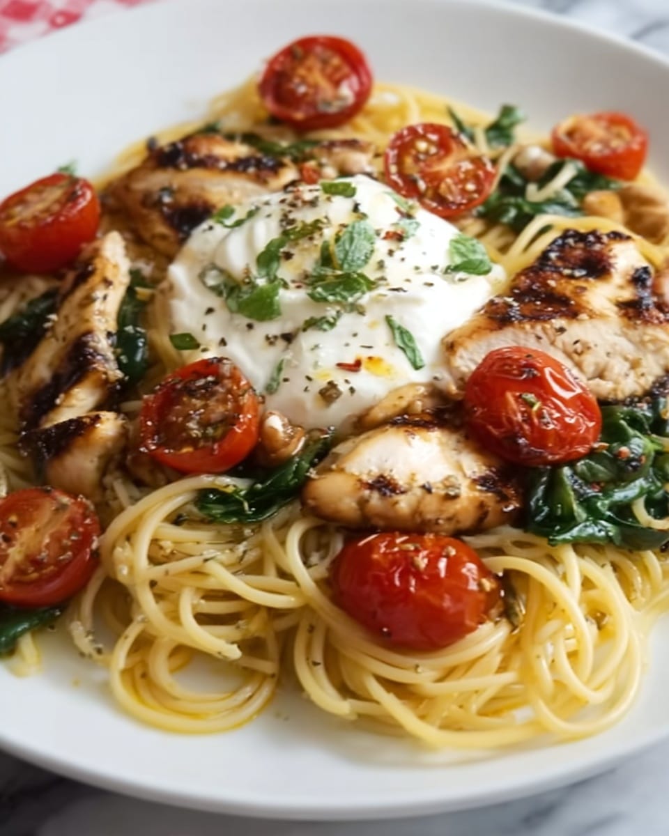 Chicken Spaghetti with Burrata, Roasted Cherry Tomatoes, and Lemon Butter Garlic Sauce Recipe - Recipe Image
