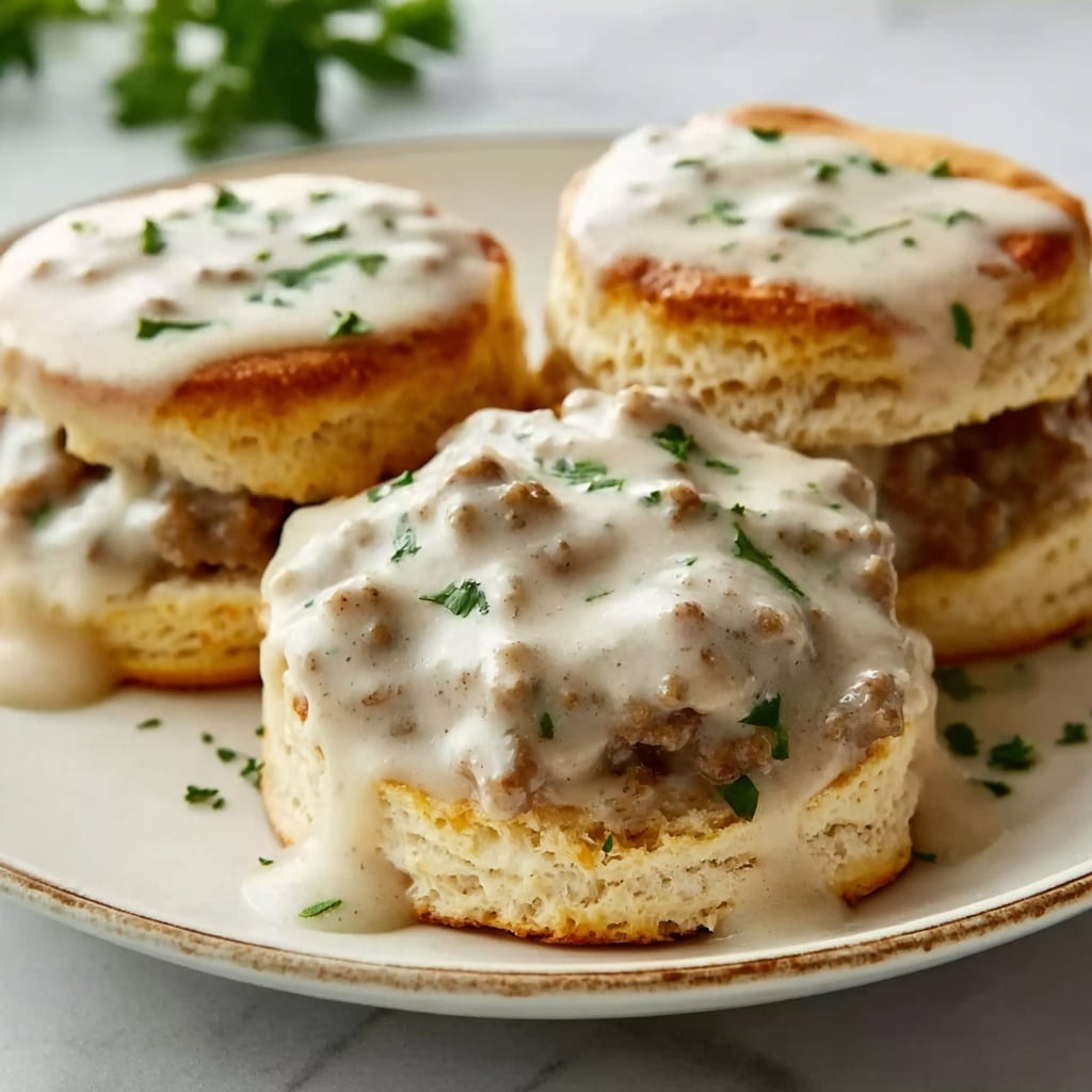 Fluffy Southern Biscuits Smothered in Creamy Sausage Gravy Recipe - Recipe Image