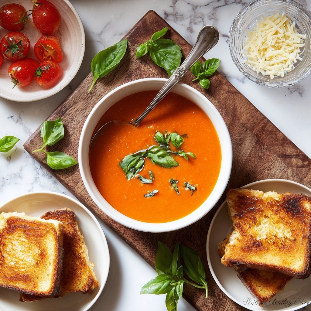 Tomato Basil Soup with Grilled Cheese Croutons Recipe