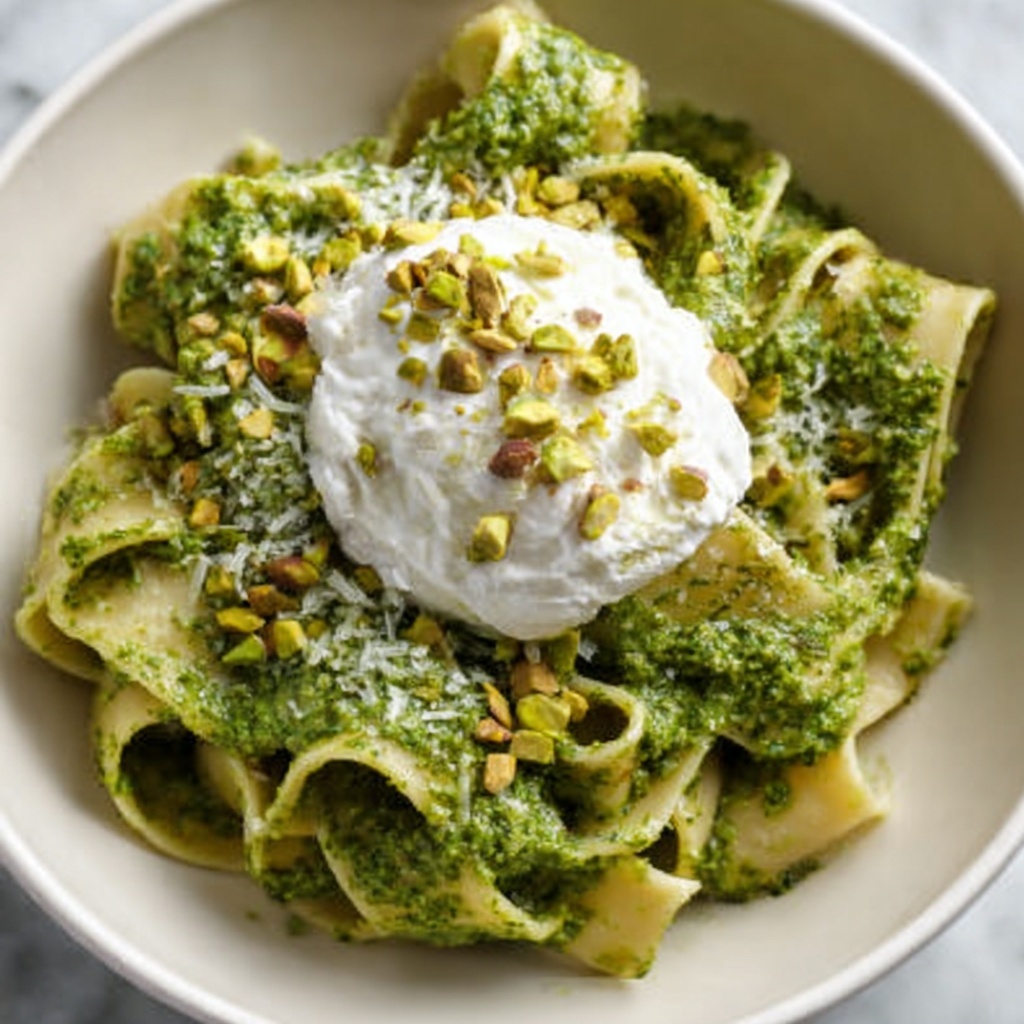 Pistachio Pesto Pasta with Burrata Recipe - Recipe Image