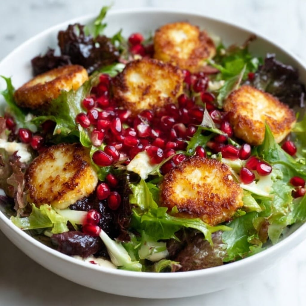 Pomegranate Greens Salad with Halloumi Croutons and Spiced Orange Vinaigrette Recipe - Recipe Image
