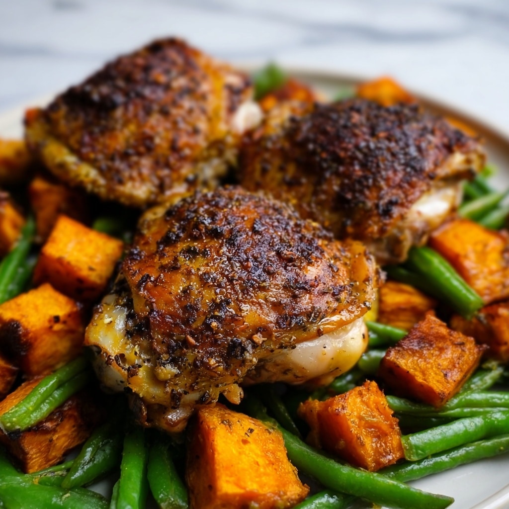 One Pan Maple Mustard Chicken with Roasted Sweet Potatoes and Green Beans Recipe