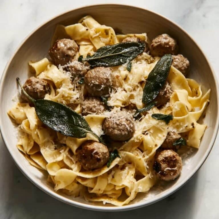 Winter Pasta with Mushrooms, Sausage Meatballs, Walnuts & Crispy Sage Recipe