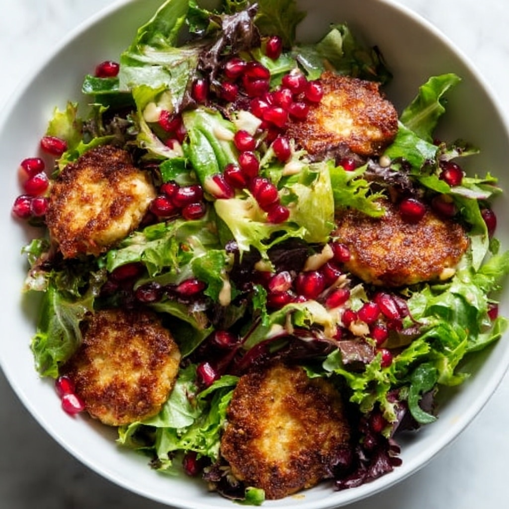 Pomegranate Greens Salad with Halloumi Croutons and Spiced Orange Vinaigrette Recipe - Recipe Image