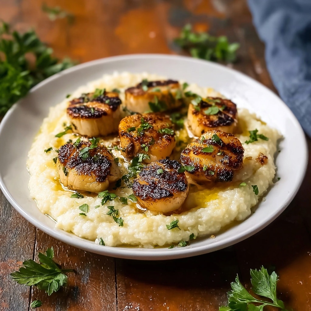 Honey Butter Blackened Scallops with Herby Polenta Recipe - Recipe Image