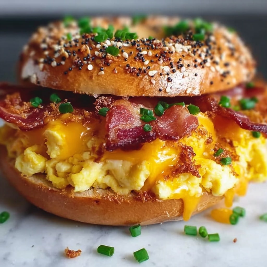 Breakfast Bagel Sandwich with Cheddar, Bacon, and Chives Recipe - Recipe Image