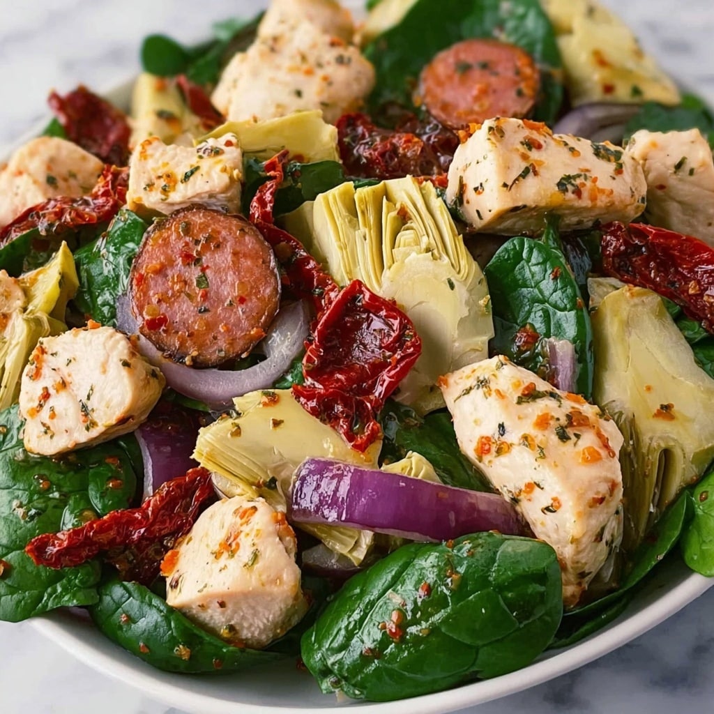 Italian Chicken and Spinach Salad with Artichokes, Salami, and Sun-Dried Tomatoes Recipe - Recipe Image