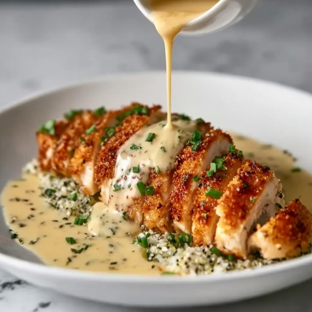 Parmesan-Crusted Chicken with Creamy Garlic Sauce Recipe - Recipe Image