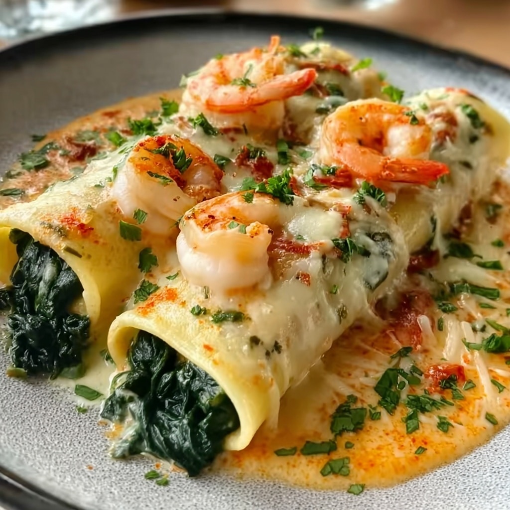 Shrimp and Spinach Stuffed Pasta Rolls with Roasted Red Pepper Cream Sauce Recipe - Recipe Image
