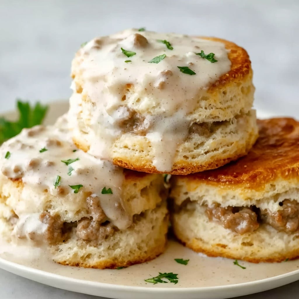 Fluffy Southern Biscuits Smothered in Creamy Sausage Gravy Recipe - Recipe Image