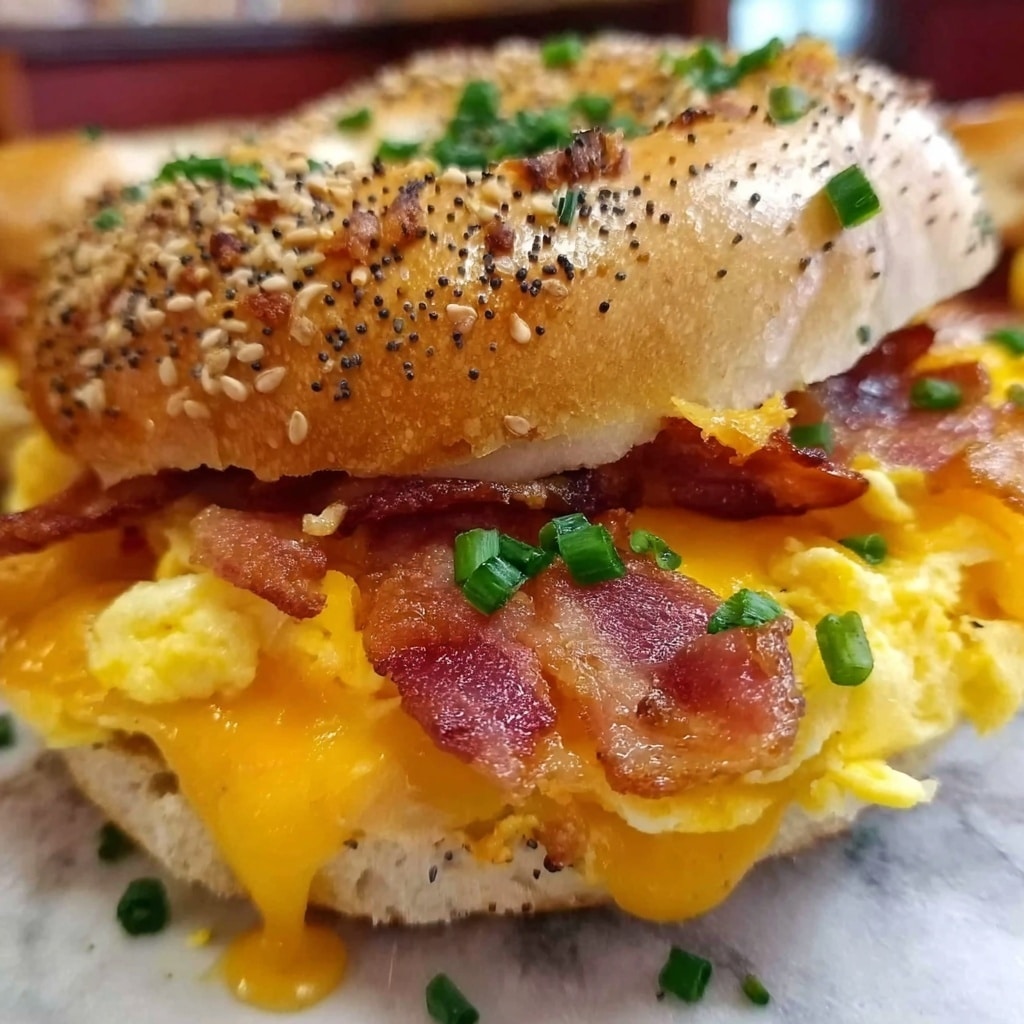 Breakfast Bagel Sandwich with Cheddar, Bacon, and Chives Recipe - Recipe Image