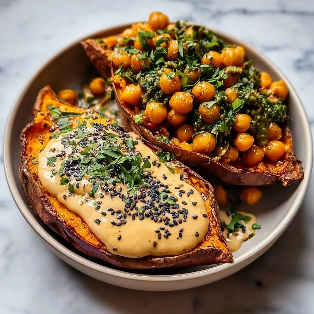 Sweet Potatoes with Tahini Butter Chickpeas for Cozy Nights Recipe - Recipe Image