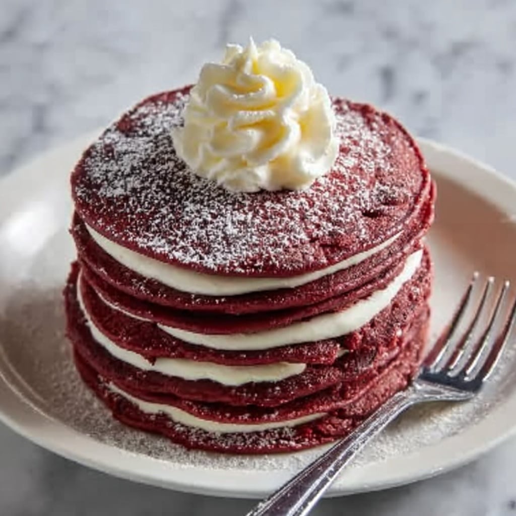 Red Velvet Pancakes with Cream Cheese Spread Recipe - Recipe Image