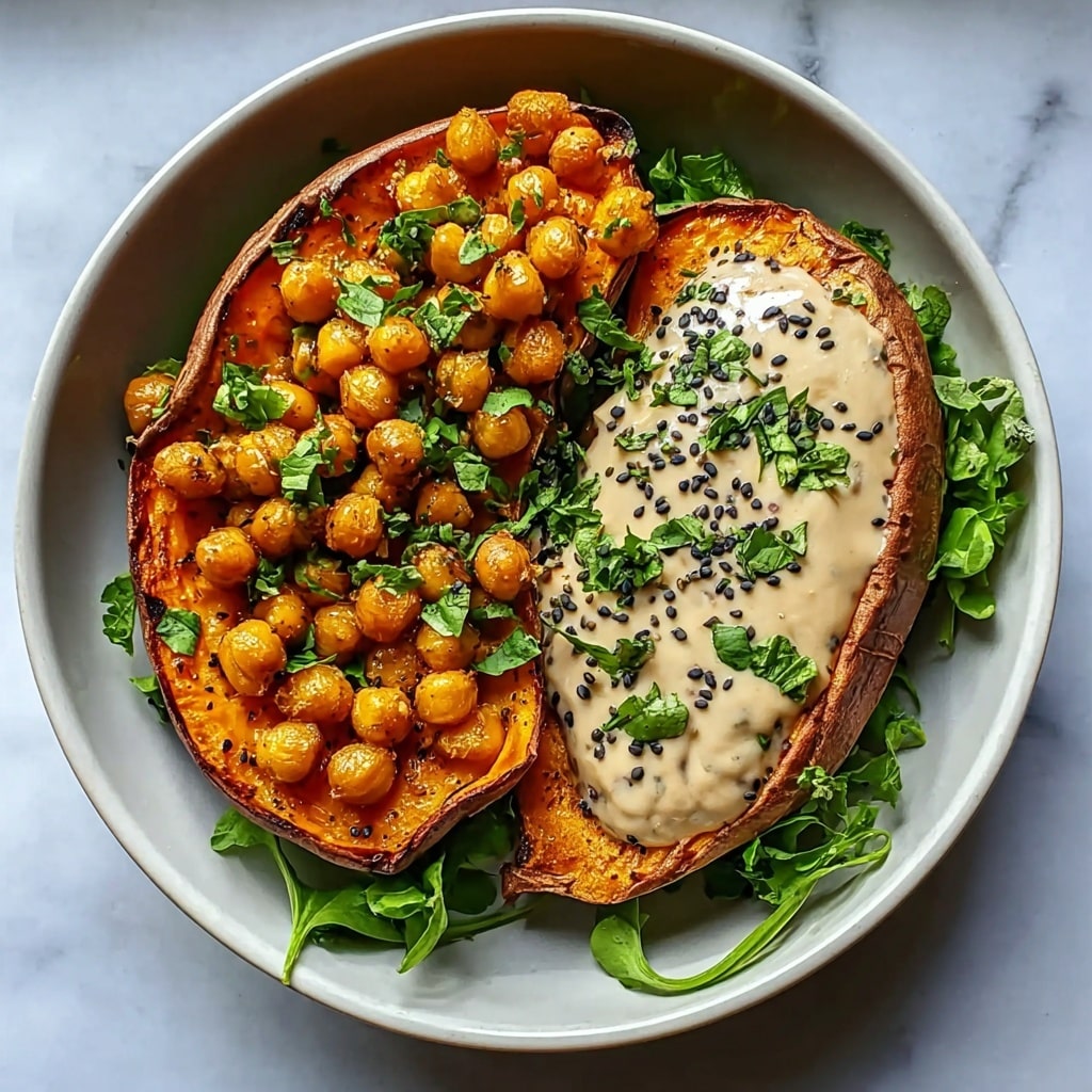 Sweet Potatoes with Tahini Butter Chickpeas for Cozy Nights Recipe - Recipe Image