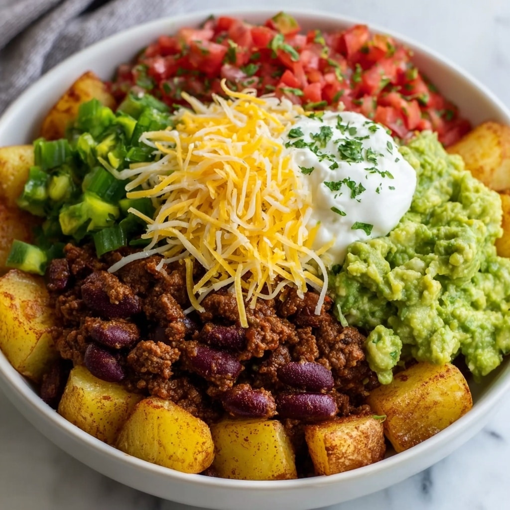 Potato Taco Bowl with Ground Beef, Guacamole, and Salsa Recipe