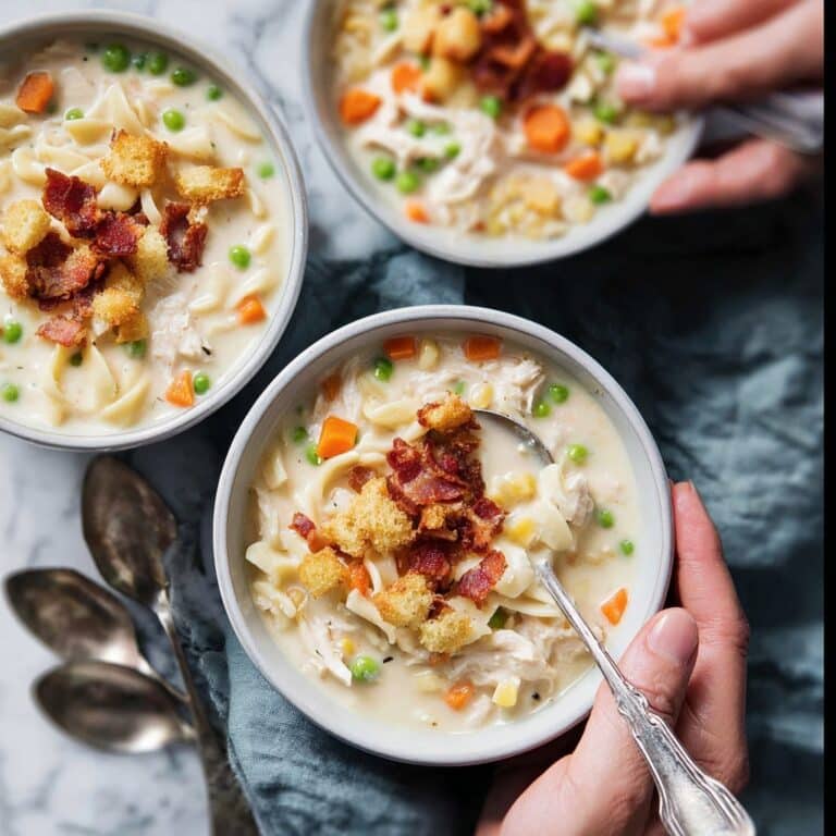 Creamy Chicken Noodle Soup with Mini Croutons and Crispy Bacon Recipe