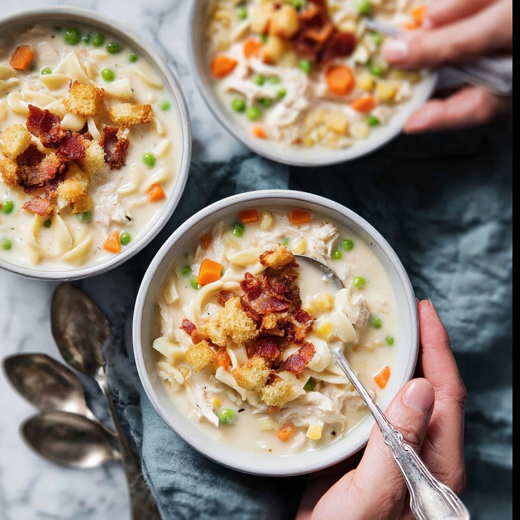 Creamy Chicken Noodle Soup with Mini Croutons and Crispy Bacon Recipe - Recipe Image