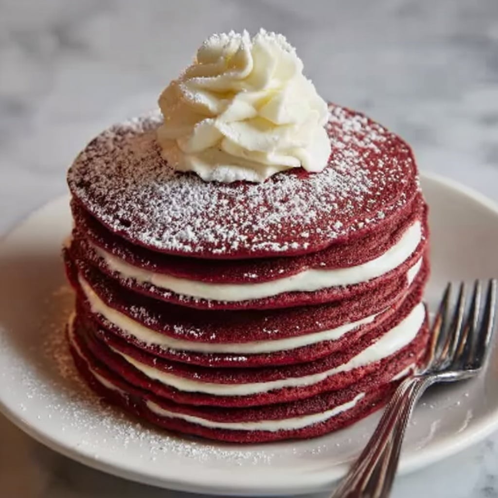 Red Velvet Pancakes with Cream Cheese Spread Recipe - Recipe Image