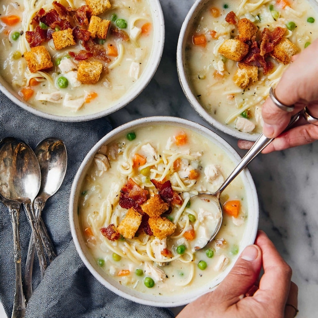Creamy Chicken Noodle Soup with Mini Croutons and Crispy Bacon Recipe - Recipe Image