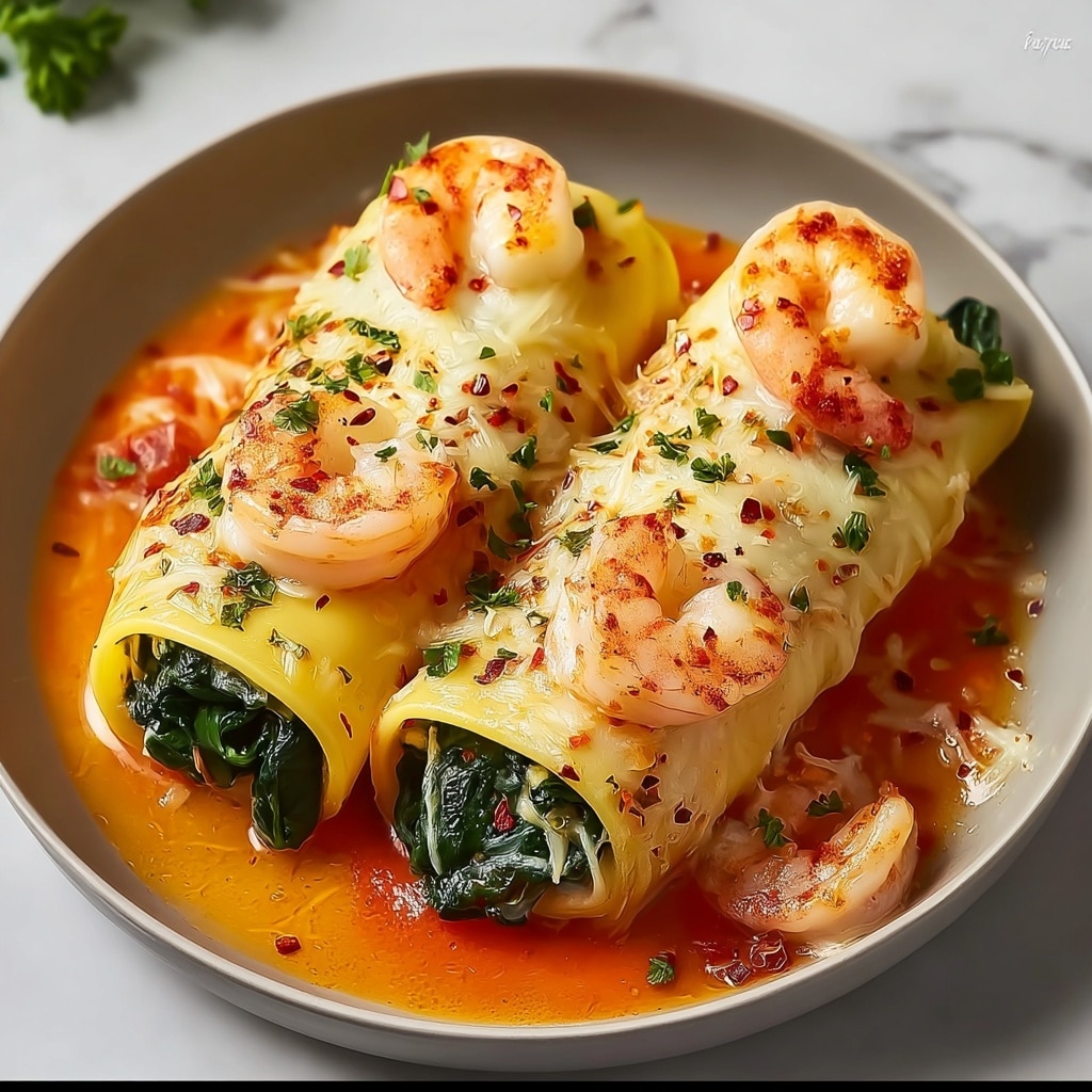 Shrimp & Spinach Stuffed Pasta Rolls with Roasted Red Pepper Cream Sauce Recipe - Recipe Image