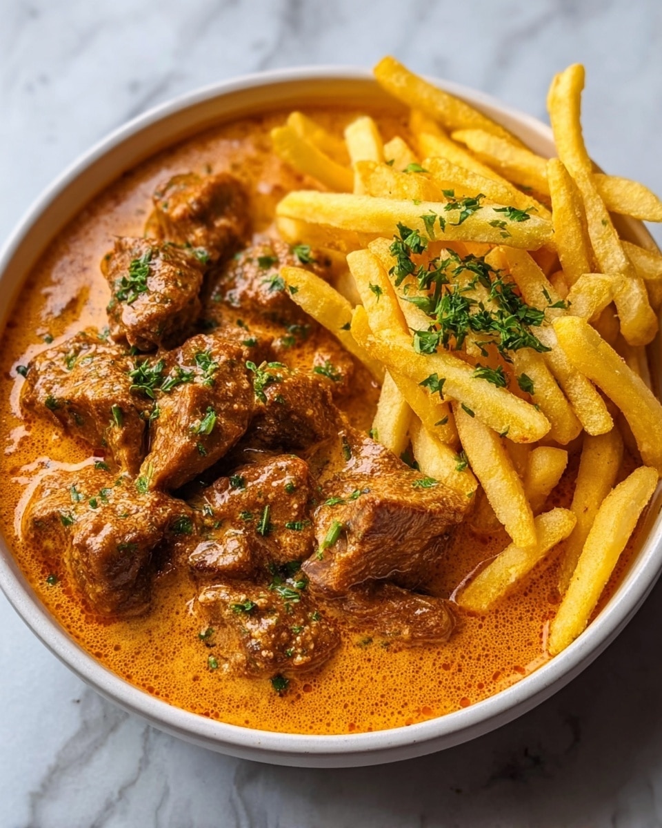 Creamy Butter Chicken in Garlic-Infused Sauce with Golden Crispy Fries Recipe - Recipe Image