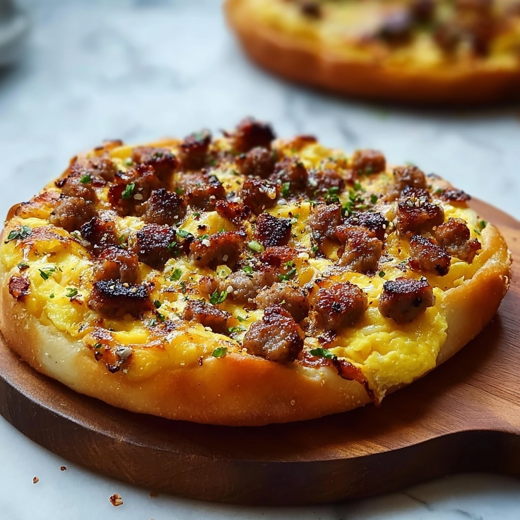 English Muffin Breakfast Pizza with Sausage, Eggs, and Sawmill Gravy Recipe - Recipe Image
