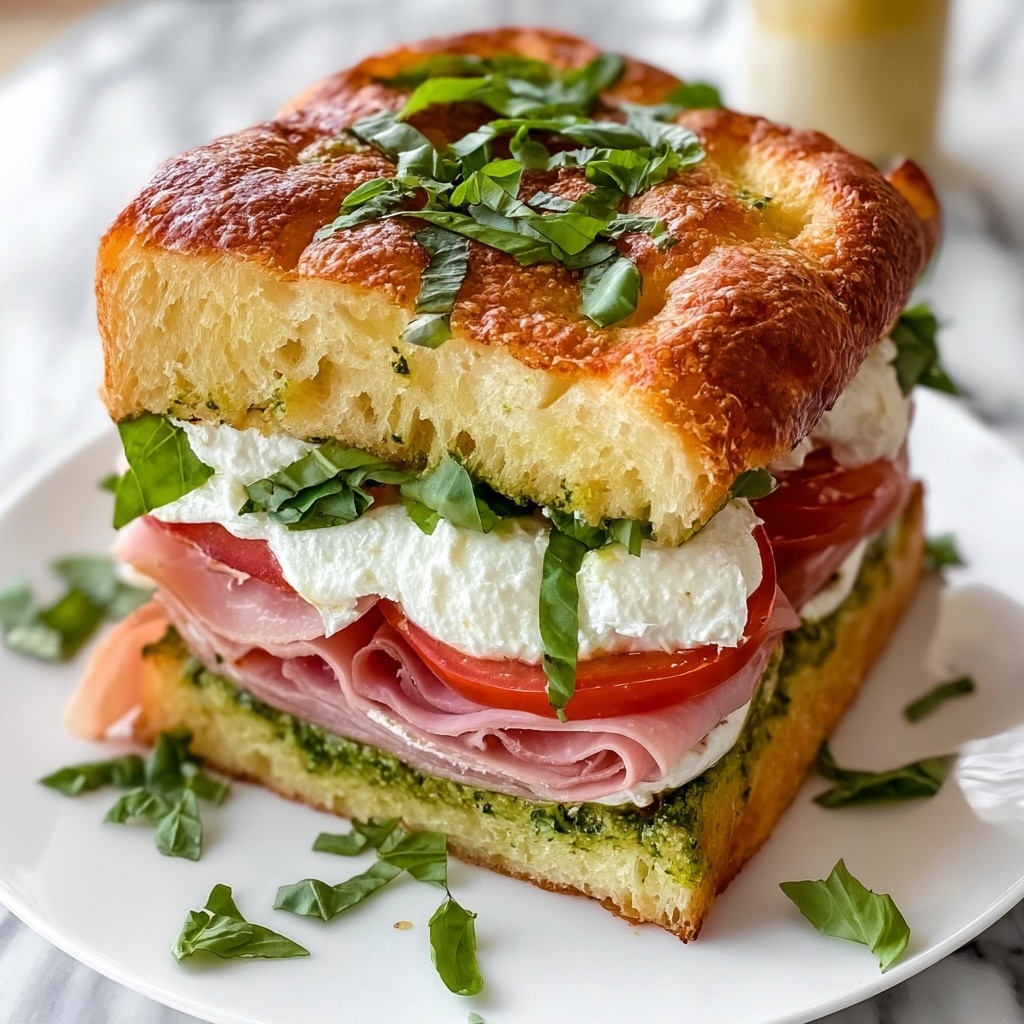 Italian Focaccia Sandwich with Burrata, Prosciutto, Salami, and Arugula Recipe - Recipe Image