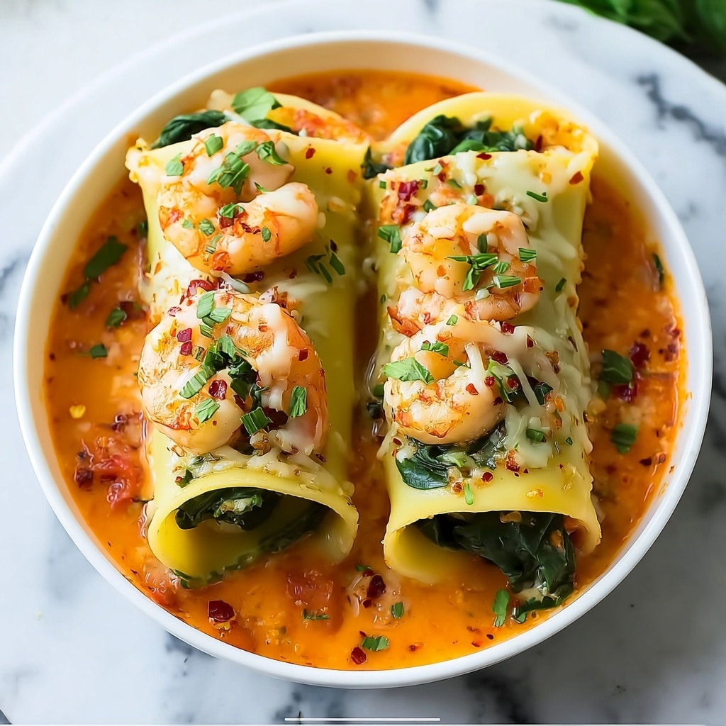 Shrimp & Spinach Stuffed Pasta Rolls with Roasted Red Pepper Cream Sauce Recipe - Recipe Image