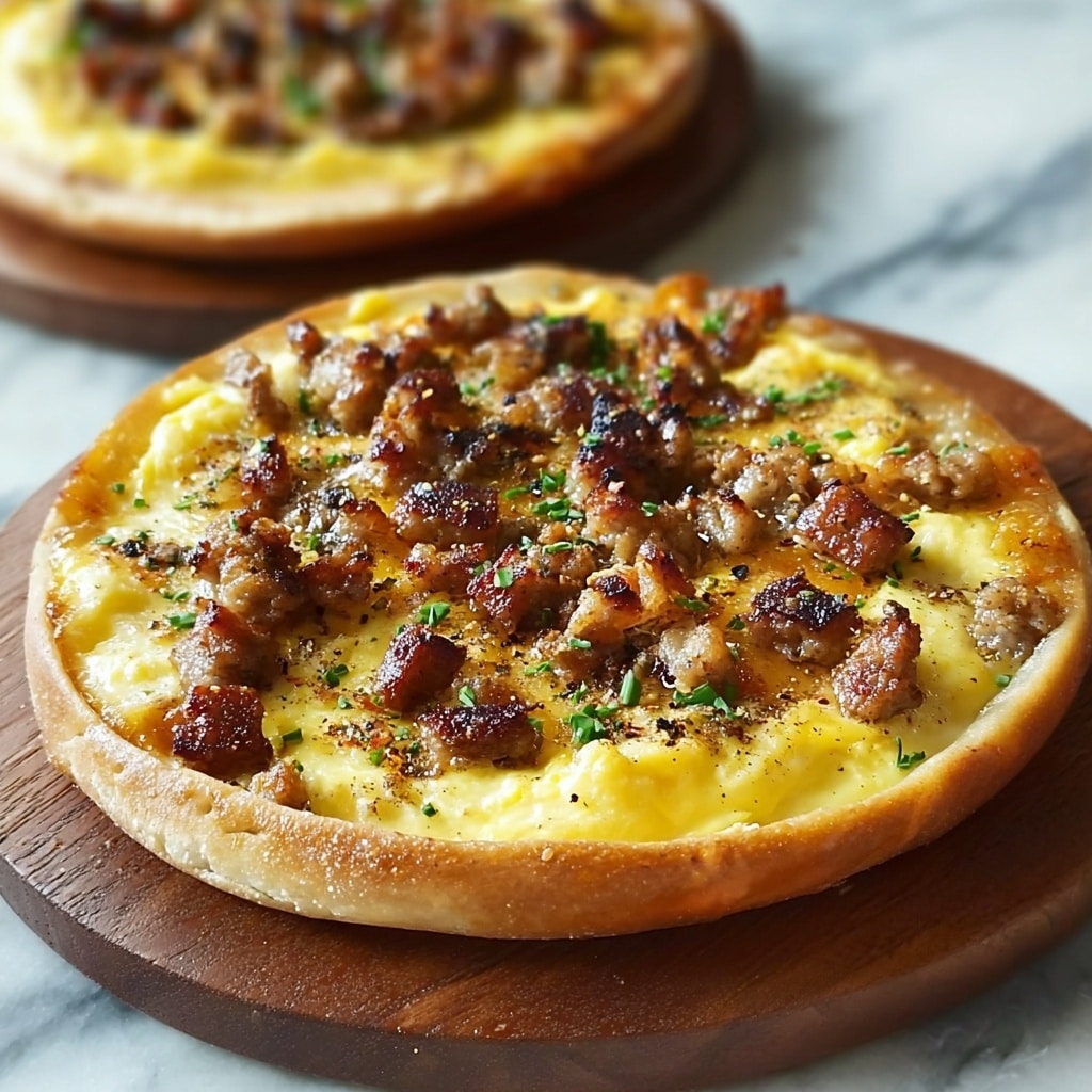 English Muffin Breakfast Pizza with Sausage, Eggs, and Sawmill Gravy Recipe - Recipe Image
