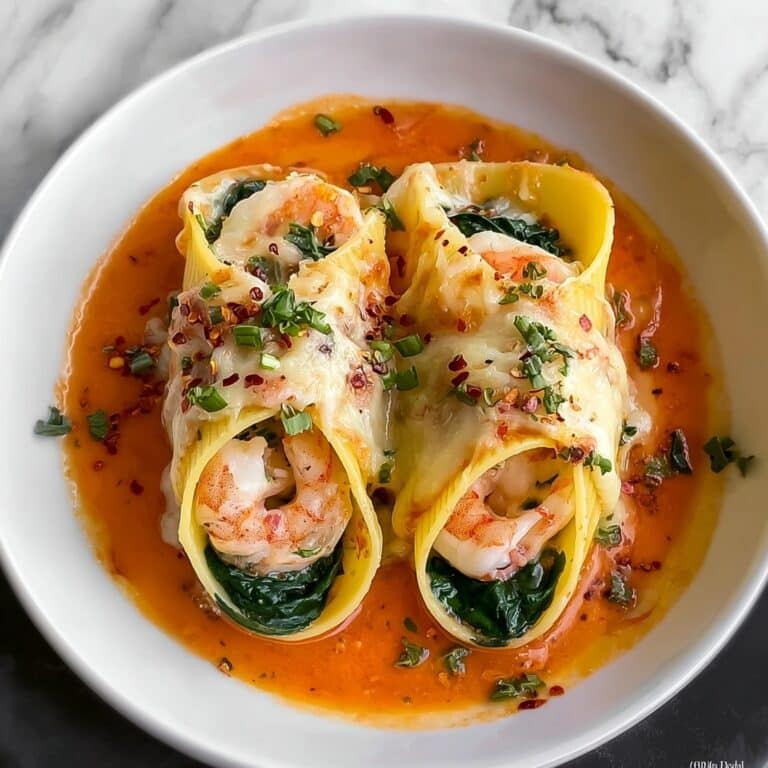 Shrimp & Spinach Stuffed Pasta Rolls with Roasted Red Pepper Cream Sauce Recipe